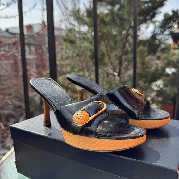 CHANEL Sandals Mules Heeled Shoes Platform Black Buckle CC Logo Box EUR 36.5 - Picture 3 of 16